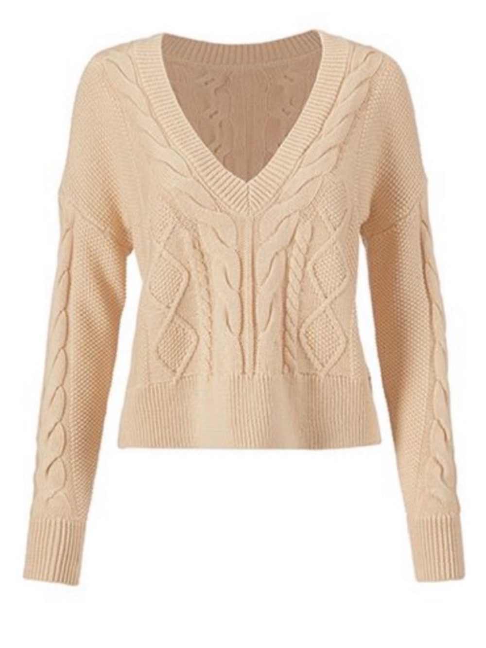 CAbi Cropped Cable Knit V-Neck Sweater - Beige S - Picture 2 of 2